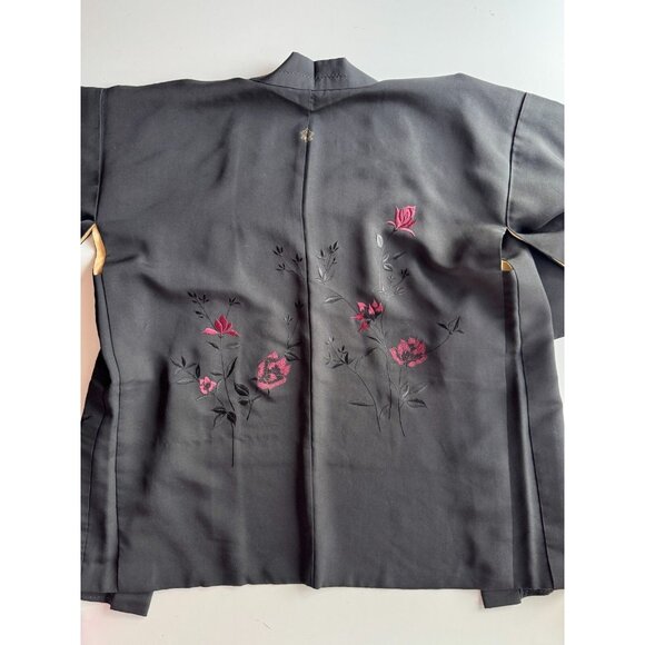 Vintage Japanese Black Maroon Floral Embroidered Kimono Robe, One Size - Picture 8 of 15